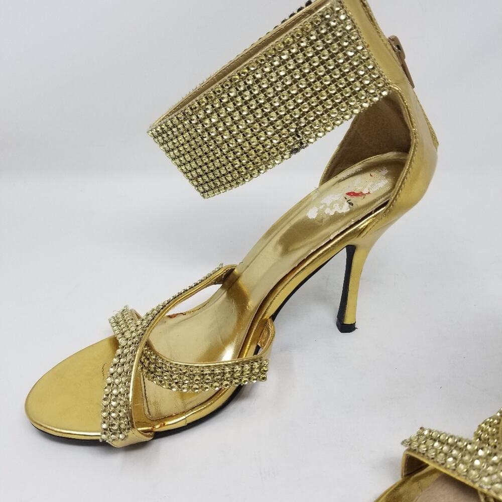 Red Circle Gold Crystals Ankle Stilettos Heels Zipper Back Blekis Women's Size 9 - Picture 6 of 16
